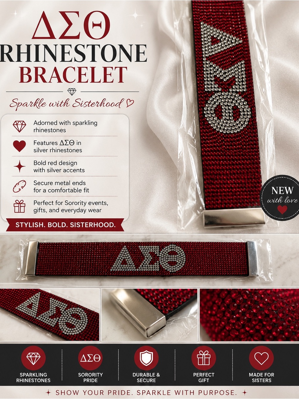 Red Rhinestone Sorority Brooch Pin with ΔΣΘ Letters